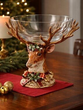 Fitz and Floyd  Reindeer Glass Bowl Centerpiece - Brown & Gold